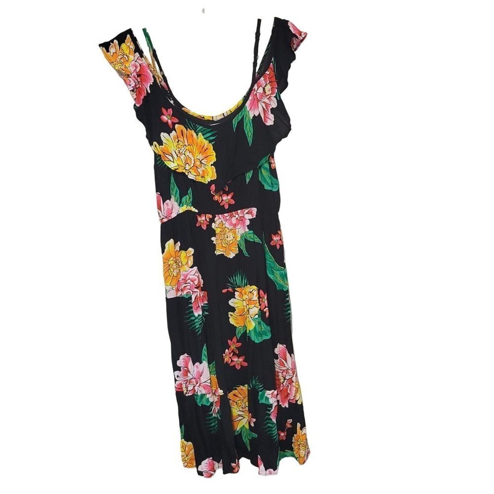 Old Navy Sz PM Black Floral Tropical Strappy OTS Ruffle Tiered Lined Midi Dress